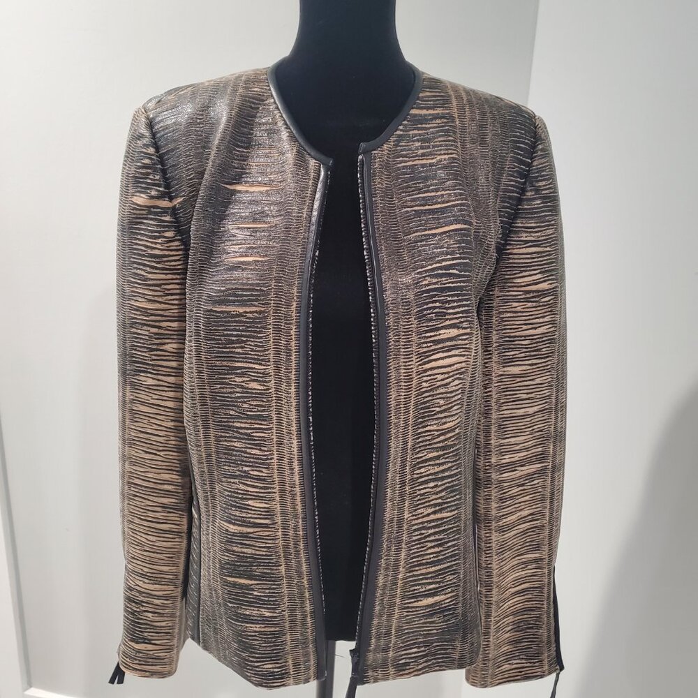 Unique Faux Leather Black & Tan Snake Skin Pattern Zippered Jacket  size 8